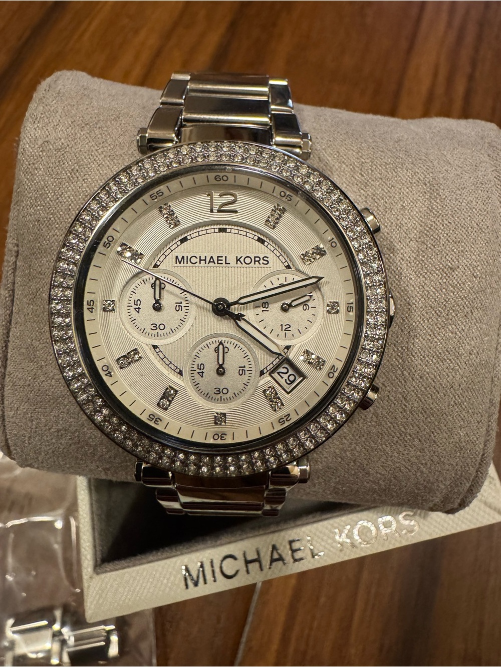 Michael Kors Parker Silver-Tone Pavé Crystal Chronograph Watch w/ Box & Links